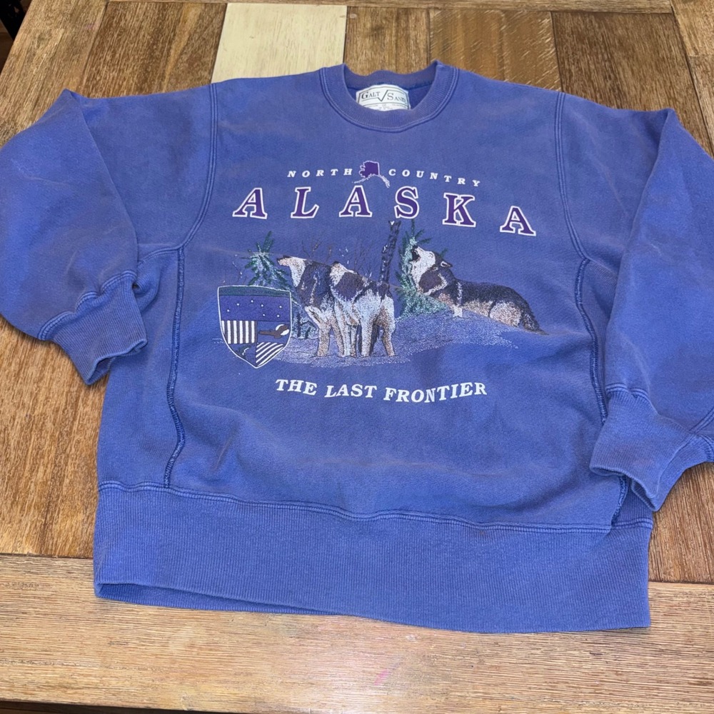 Galt Sand Sweatshirt Mens Medium Purple Good Alaska Wolf Graphic Made in USA